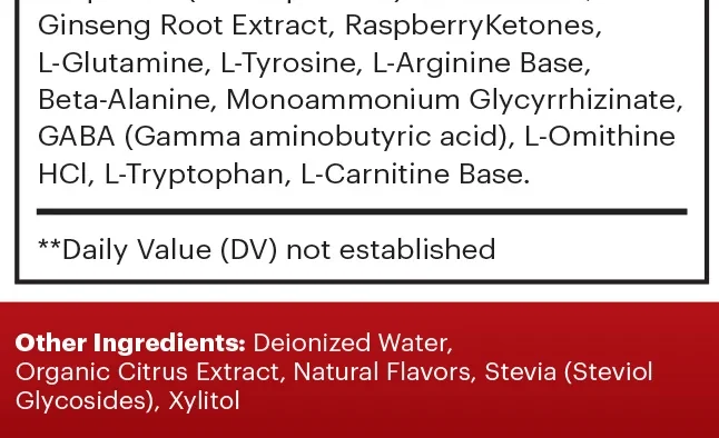 The lower half of the Sugar Defender Supplement Facts panel, listing the amino acids at the end of the blend and the other ingredients