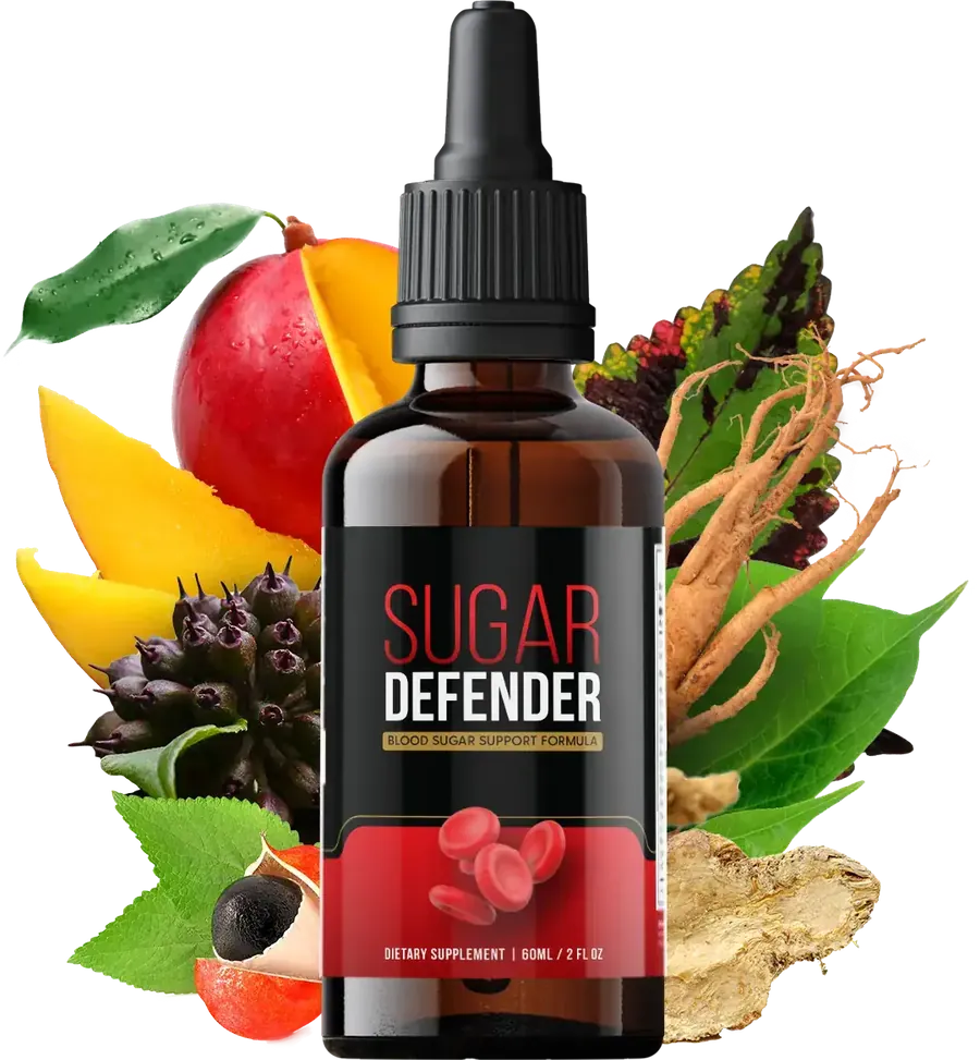 A Sugar Defender amber dropper bottle in front of a splash of fruit, roots and leaves
