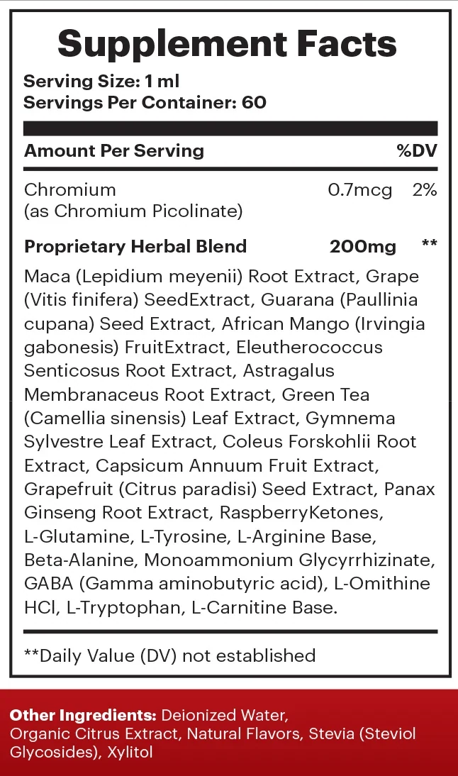 The Sugar Defender Supplement Facts panel: serving size 1 ml, 60 servings, chromium 0.7 mcg, a 200 mg proprietary herbal blend, and other ingredients in a red band