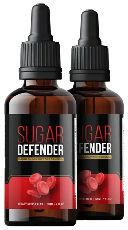 2 amber Sugar Defender dropper bottles with black, red and gold labels