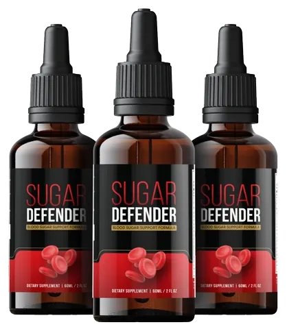 Three amber Sugar Defender dropper bottles