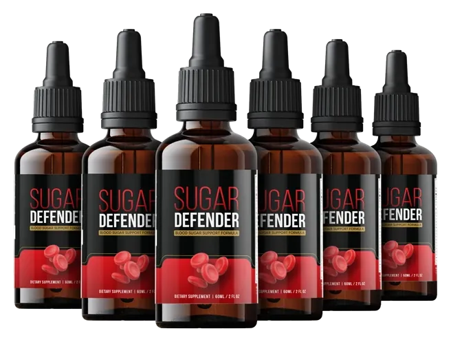 Six amber Sugar Defender dropper bottles grouped together